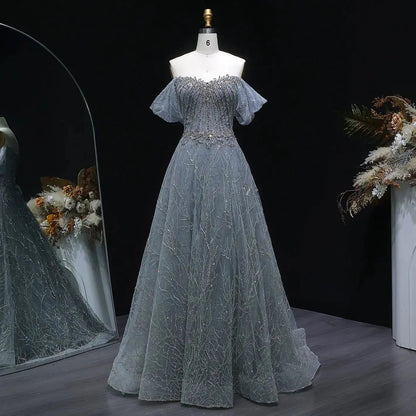 Luxury Gray Beaded Crystal Short Sleeve Tulle Evening Dress SS725