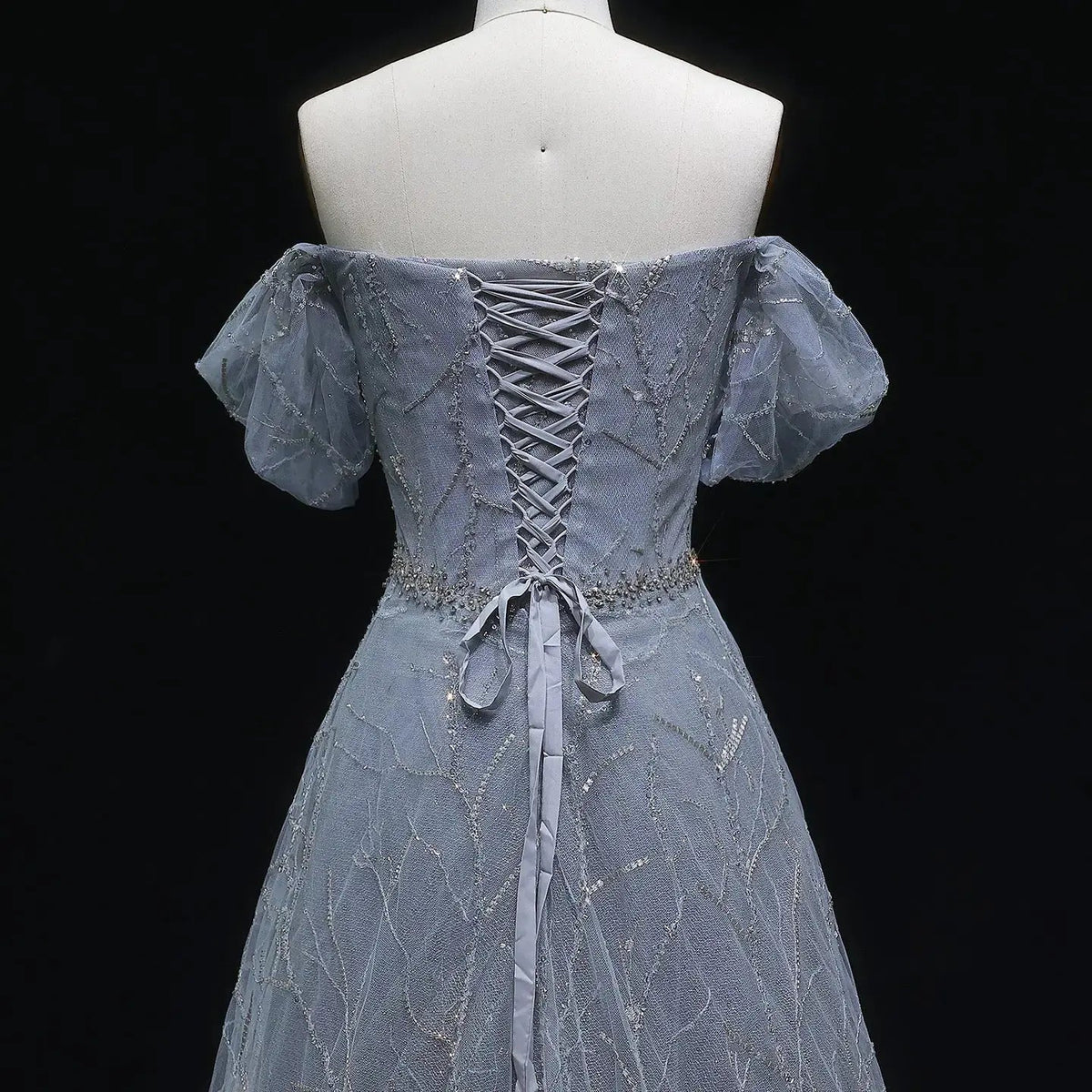 Luxury Gray Beaded Crystal Short Sleeve Tulle Evening Dress SS725