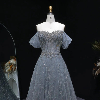 Luxury Gray Beaded Crystal Short Sleeve Tulle Evening Dress SS725