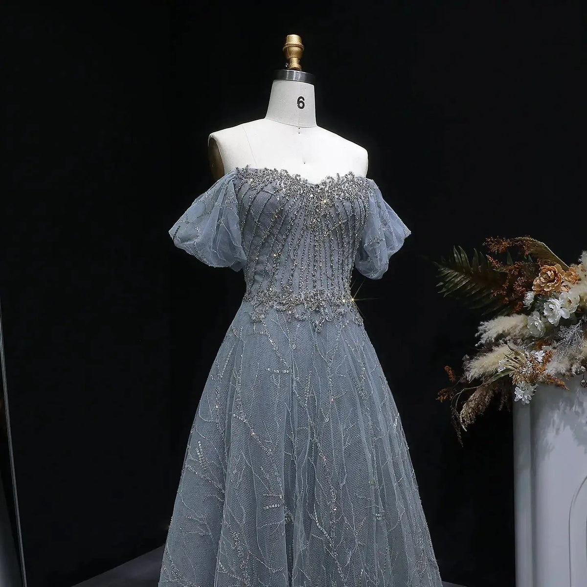 Luxury Gray Beaded Crystal Short Sleeve Tulle Evening Dress SS725