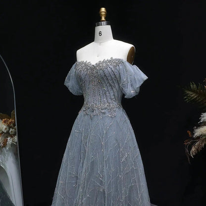 Luxury Gray Beaded Crystal Short Sleeve Tulle Evening Dress SS725