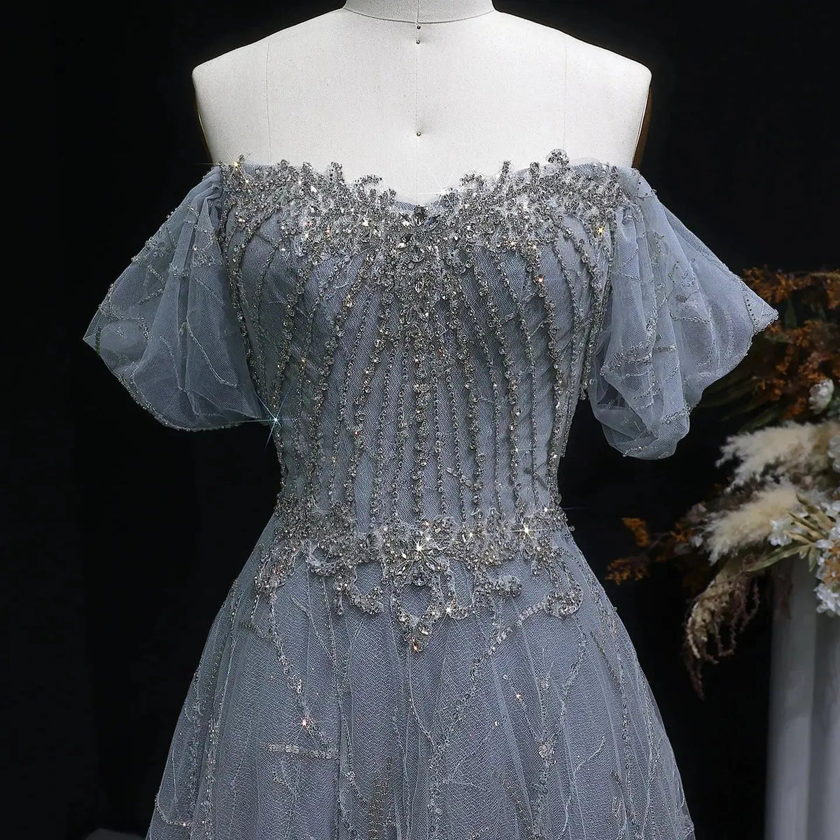 Luxury Gray Beaded Crystal Short Sleeve Tulle Evening Dress SS725