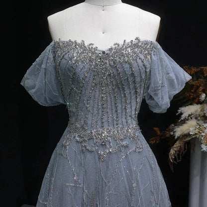 Luxury Gray Beaded Crystal Short Sleeve Tulle Evening Dress SS725