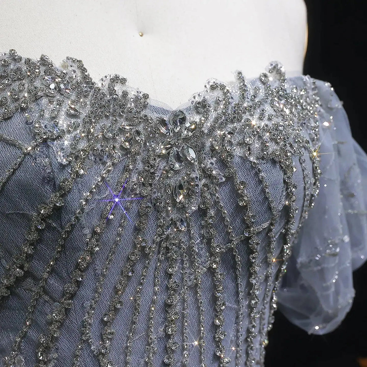 Luxury Gray Beaded Crystal Short Sleeve Tulle Evening Dress SS725