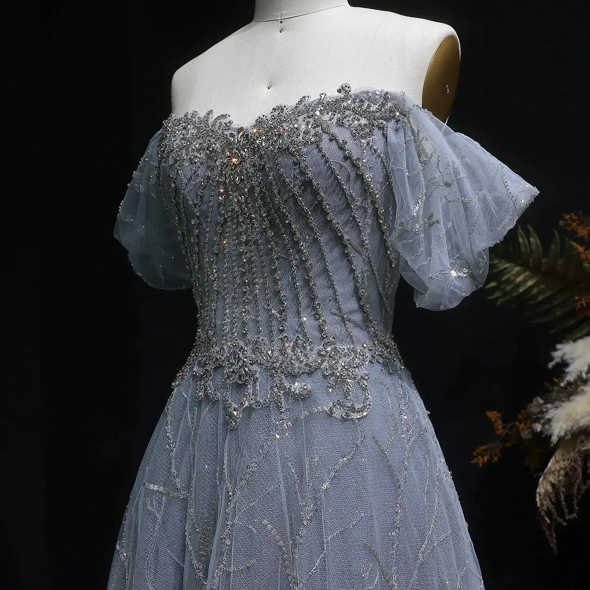Luxury Gray Beaded Crystal Short Sleeve Tulle Evening Dress SS725