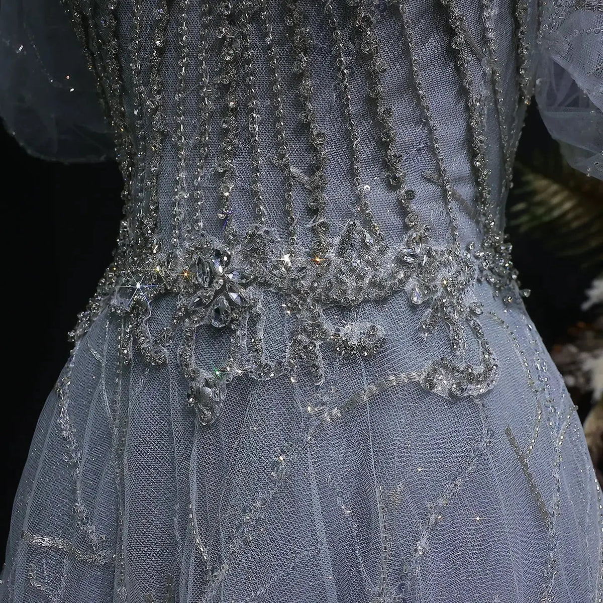Luxury Gray Beaded Crystal Short Sleeve Tulle Evening Dress SS725