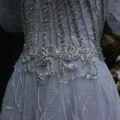 Luxury Gray Beaded Crystal Short Sleeve Tulle Evening Dress SS725