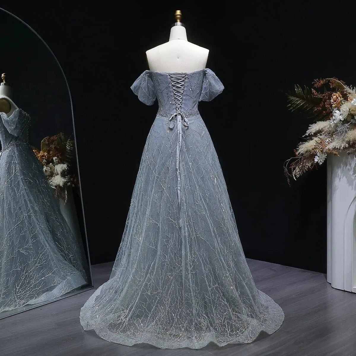 Luxury Gray Beaded Crystal Short Sleeve Tulle Evening Dress SS725