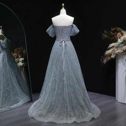 Luxury Gray Beaded Crystal Short Sleeve Tulle Evening Dress SS725