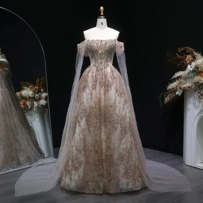 Luxury Rose Gold Gradient Beaded Evening Dress with Cape Sleeve SS726