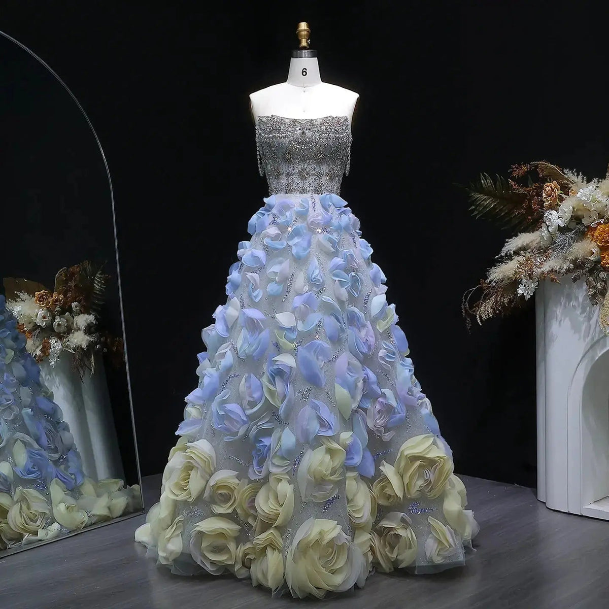 Luxury 3D Floral Strapless Beaded Evening Dress SS728