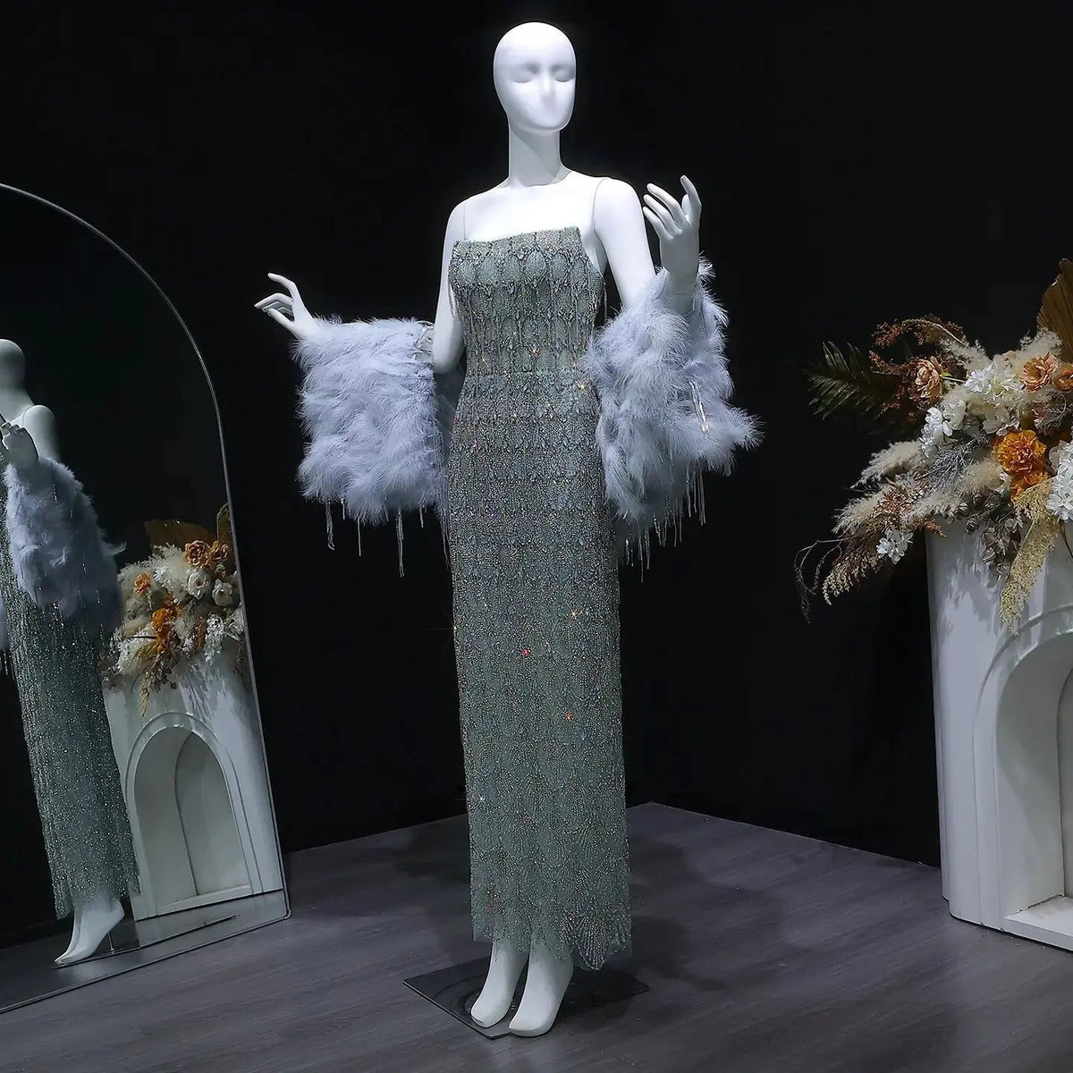 Luxury Silver Gray Beaded Feather Sleeve Fitted Long Evening Dress with Cape SS729