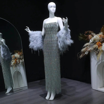 Luxury Silver Gray Beaded Feather Sleeve Fitted Long Evening Dress with Cape SS729
