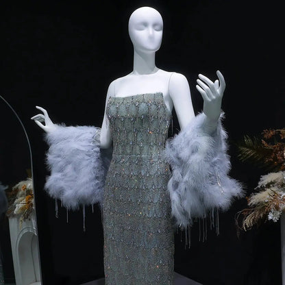 Luxury Silver Gray Beaded Feather Sleeve Fitted Long Evening Dress with Cape SS729