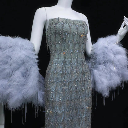 Luxury Silver Gray Beaded Feather Sleeve Fitted Long Evening Dress with Cape SS729