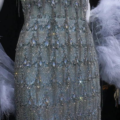 Luxury Silver Gray Beaded Feather Sleeve Fitted Long Evening Dress with Cape SS729