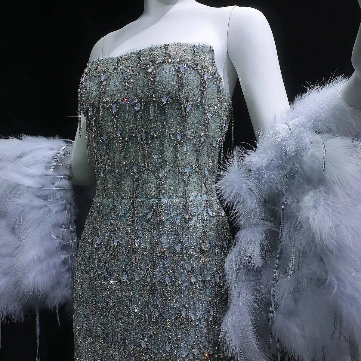 Luxury Silver Gray Beaded Feather Sleeve Fitted Long Evening Dress with Cape SS729