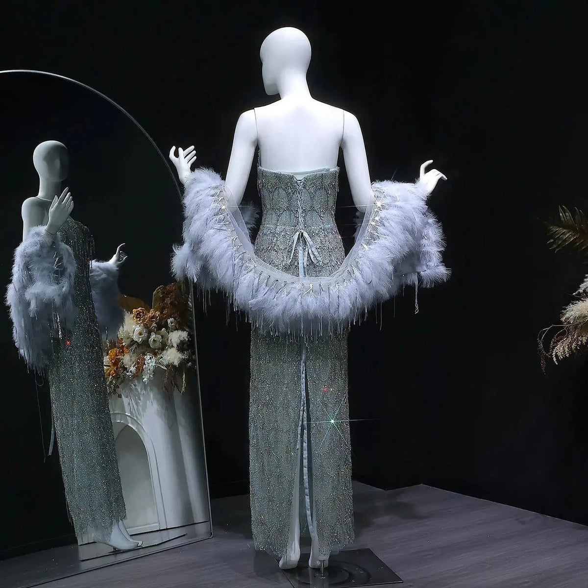 Luxury Silver Gray Beaded Feather Sleeve Fitted Long Evening Dress with Cape SS729
