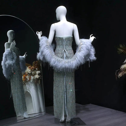 Luxury Silver Gray Beaded Feather Sleeve Fitted Long Evening Dress with Cape SS729