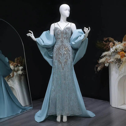 Luxury Blue Beaded Big Cape Mermaid Fitted Evening Dress with Overskirt SS730