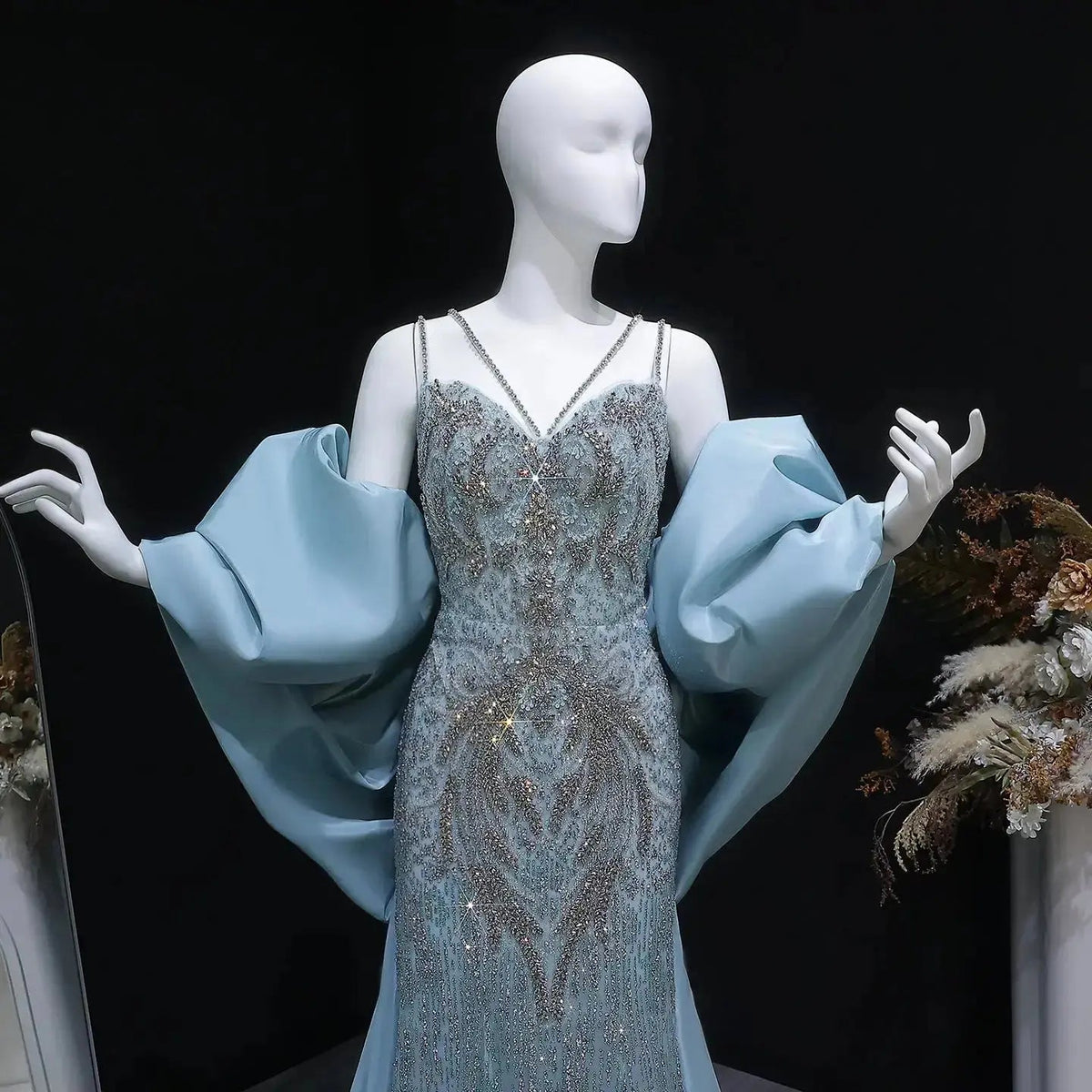 Luxury Blue Beaded Big Cape Mermaid Fitted Evening Dress with Overskirt SS730