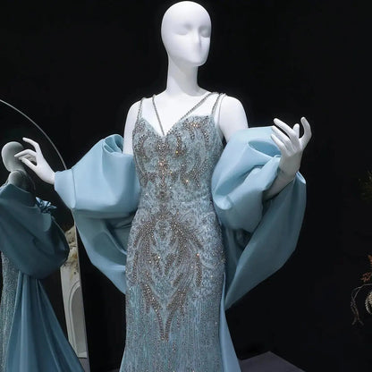 Luxury Blue Beaded Big Cape Mermaid Fitted Evening Dress with Overskirt SS730