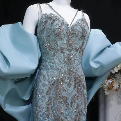 Luxury Blue Beaded Big Cape Mermaid Fitted Evening Dress with Overskirt SS730