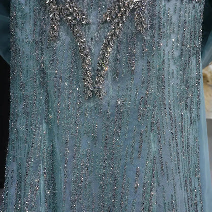 Luxury Blue Beaded Big Cape Mermaid Fitted Evening Dress with Overskirt SS730