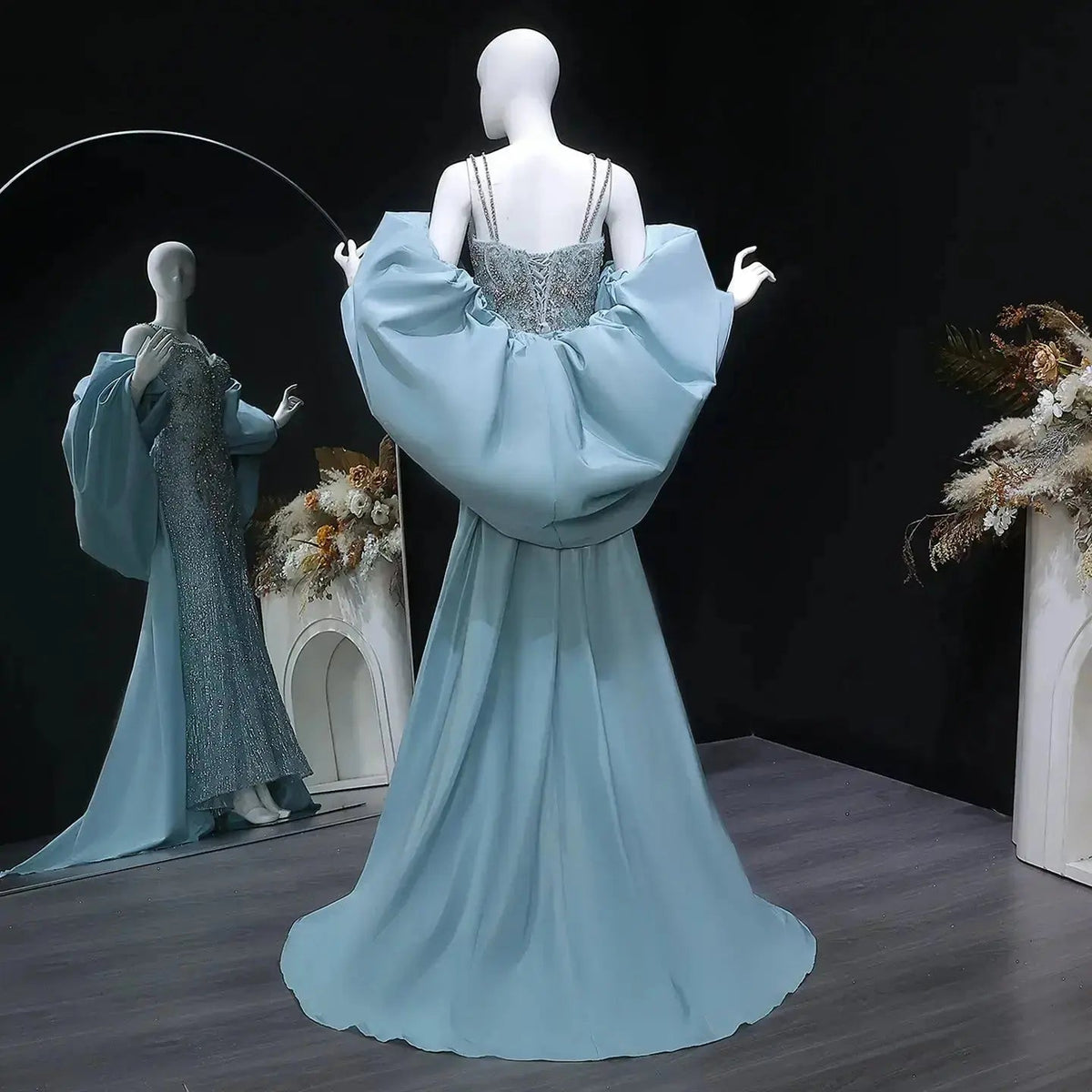 Luxury Blue Beaded Big Cape Mermaid Fitted Evening Dress with Overskirt SS730