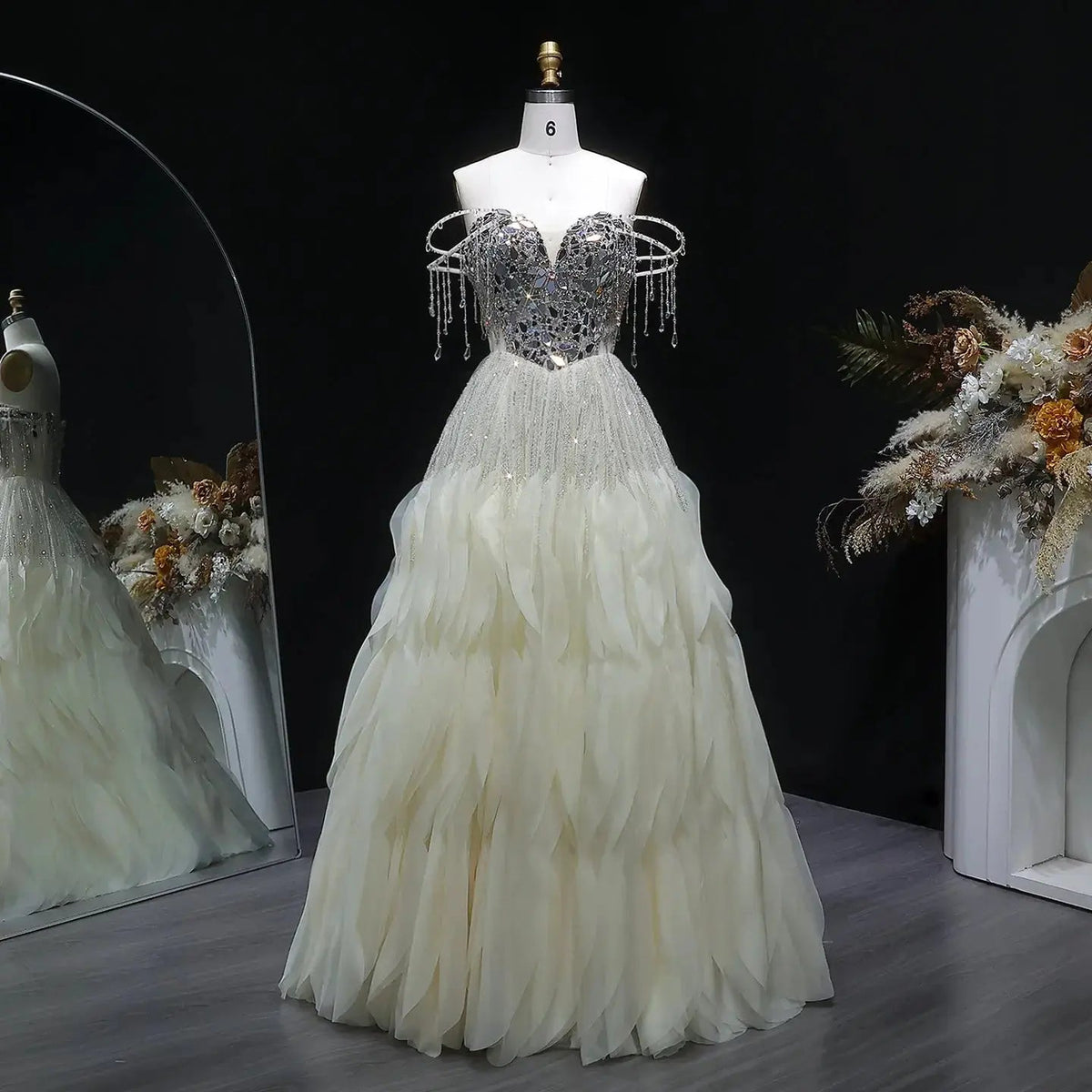 Luxury Beige Tassel Strapless Layered Tulle Ball Gown Evening Dress SS734