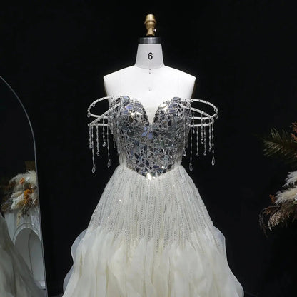 Luxury Beige Tassel Strapless Layered Tulle Ball Gown Evening Dress SS734