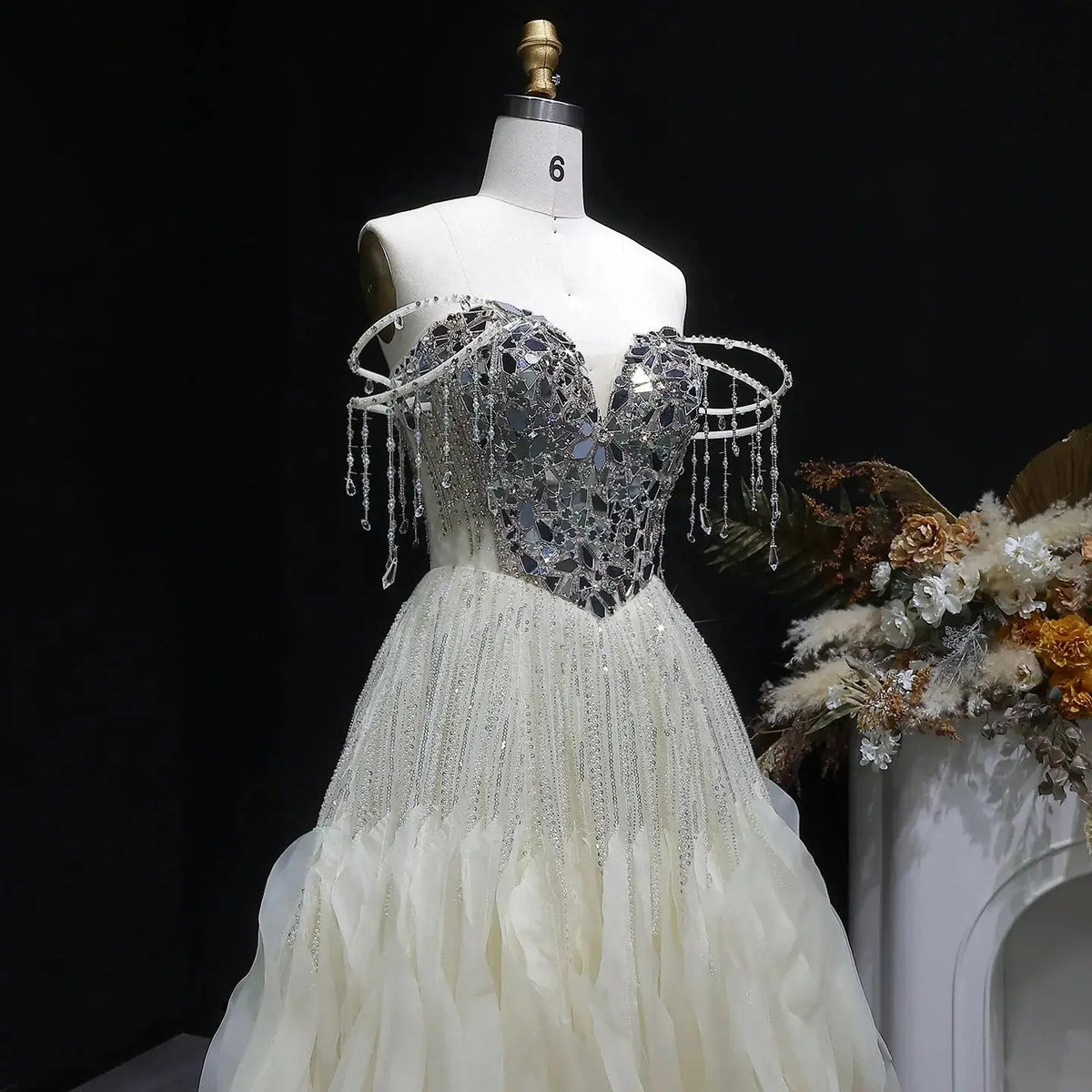Luxury Beige Tassel Strapless Layered Tulle Ball Gown Evening Dress SS734
