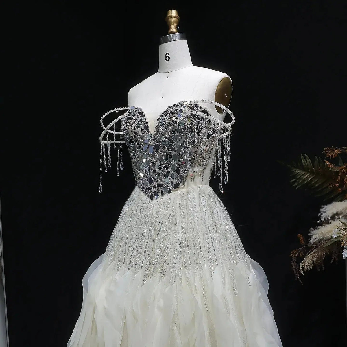 Luxury Beige Tassel Strapless Layered Tulle Ball Gown Evening Dress SS734