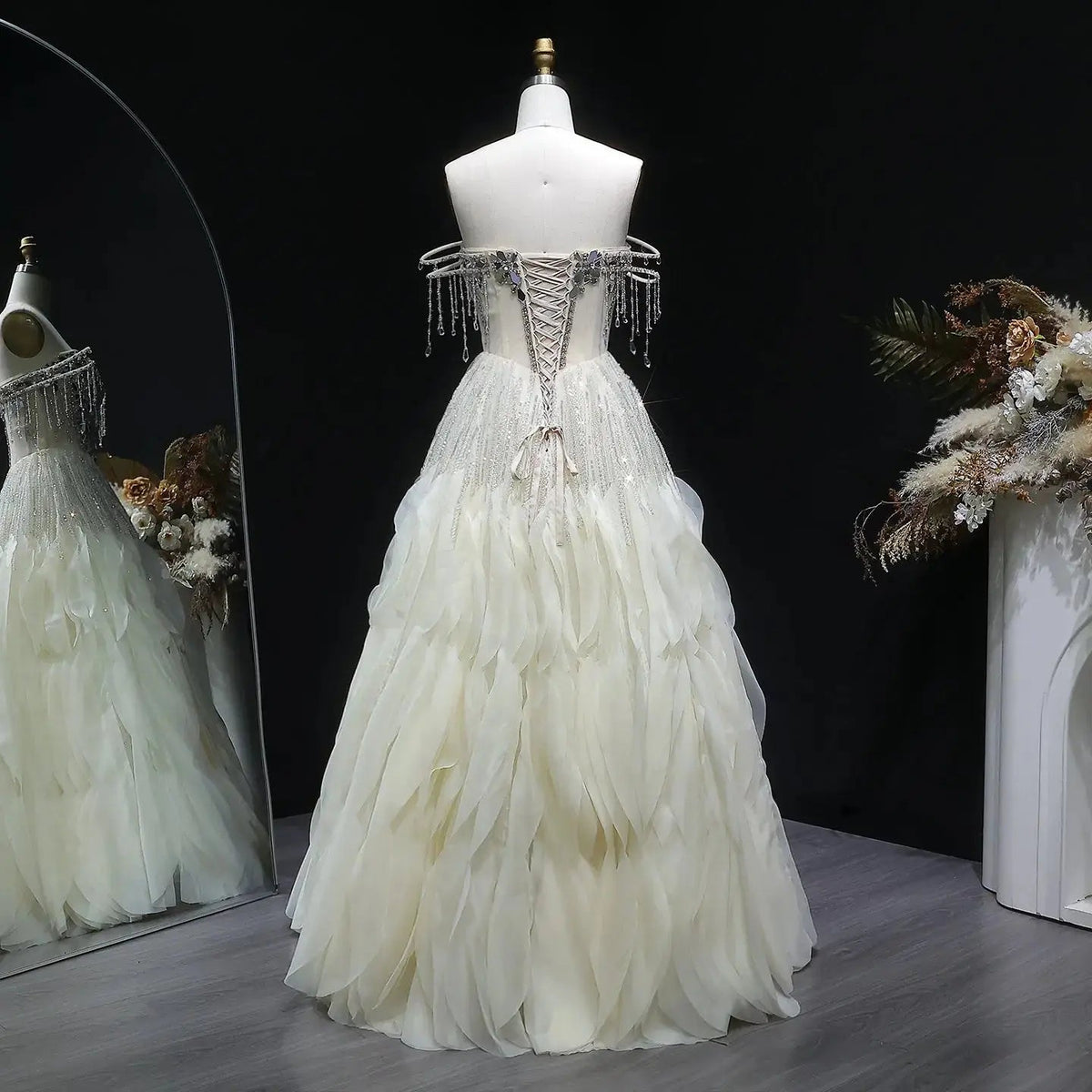 Luxury Beige Tassel Strapless Layered Tulle Ball Gown Evening Dress SS734