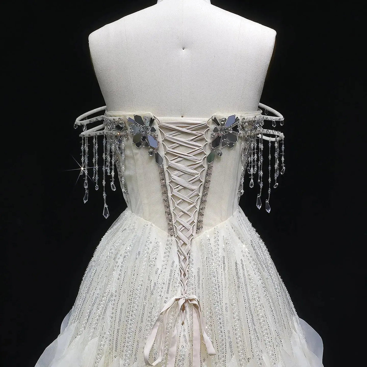 Luxury Beige Tassel Strapless Layered Tulle Ball Gown Evening Dress SS734