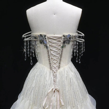 Luxury Beige Tassel Strapless Layered Tulle Ball Gown Evening Dress SS734