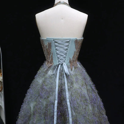 Luxury Gray Green Gradient Beaded Spaghetti Strap Evening Dress SS735