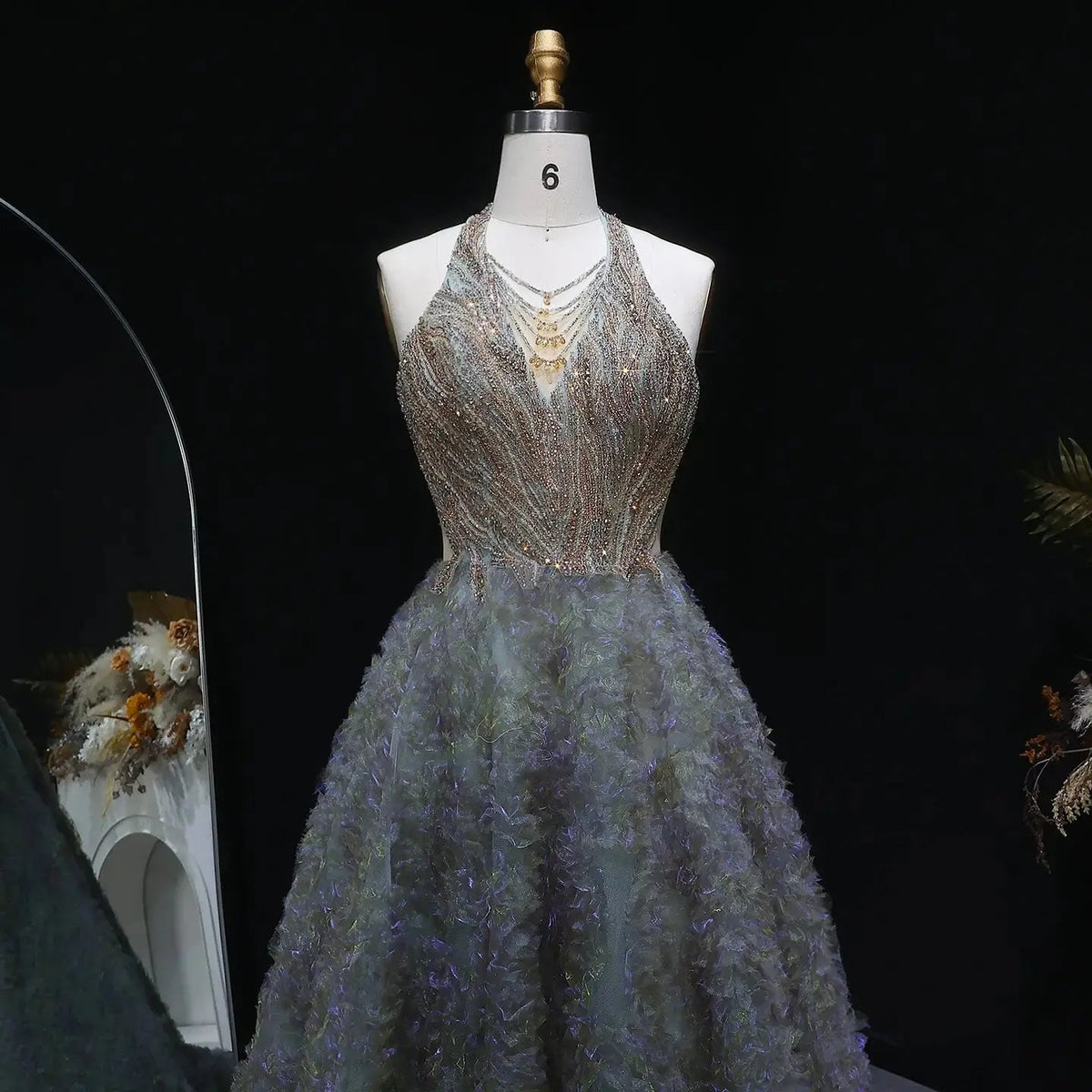 Luxury Gray Green Gradient Beaded Spaghetti Strap Evening Dress SS735