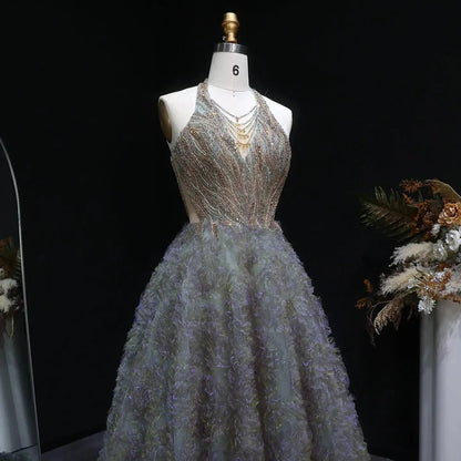 Luxury Gray Green Gradient Beaded Spaghetti Strap Evening Dress SS735
