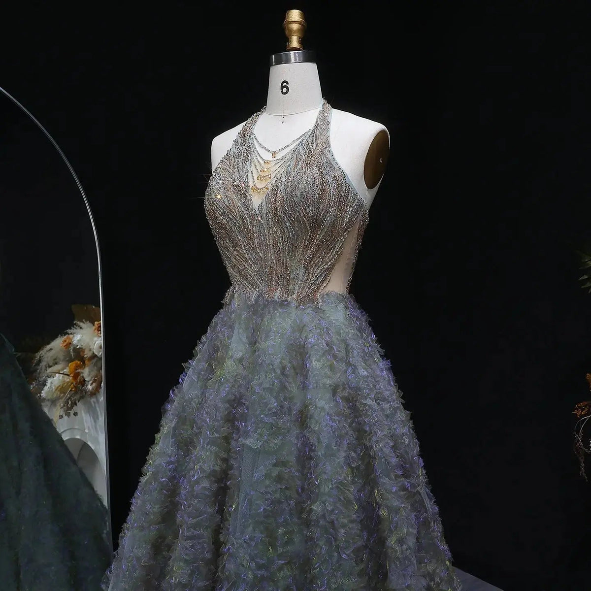 Luxury Gray Green Gradient Beaded Spaghetti Strap Evening Dress SS735