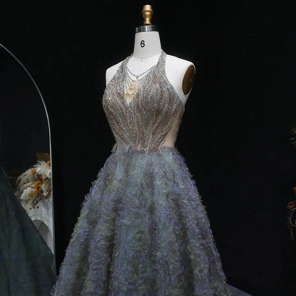 Luxury Gray Green Gradient Beaded Spaghetti Strap Evening Dress SS735