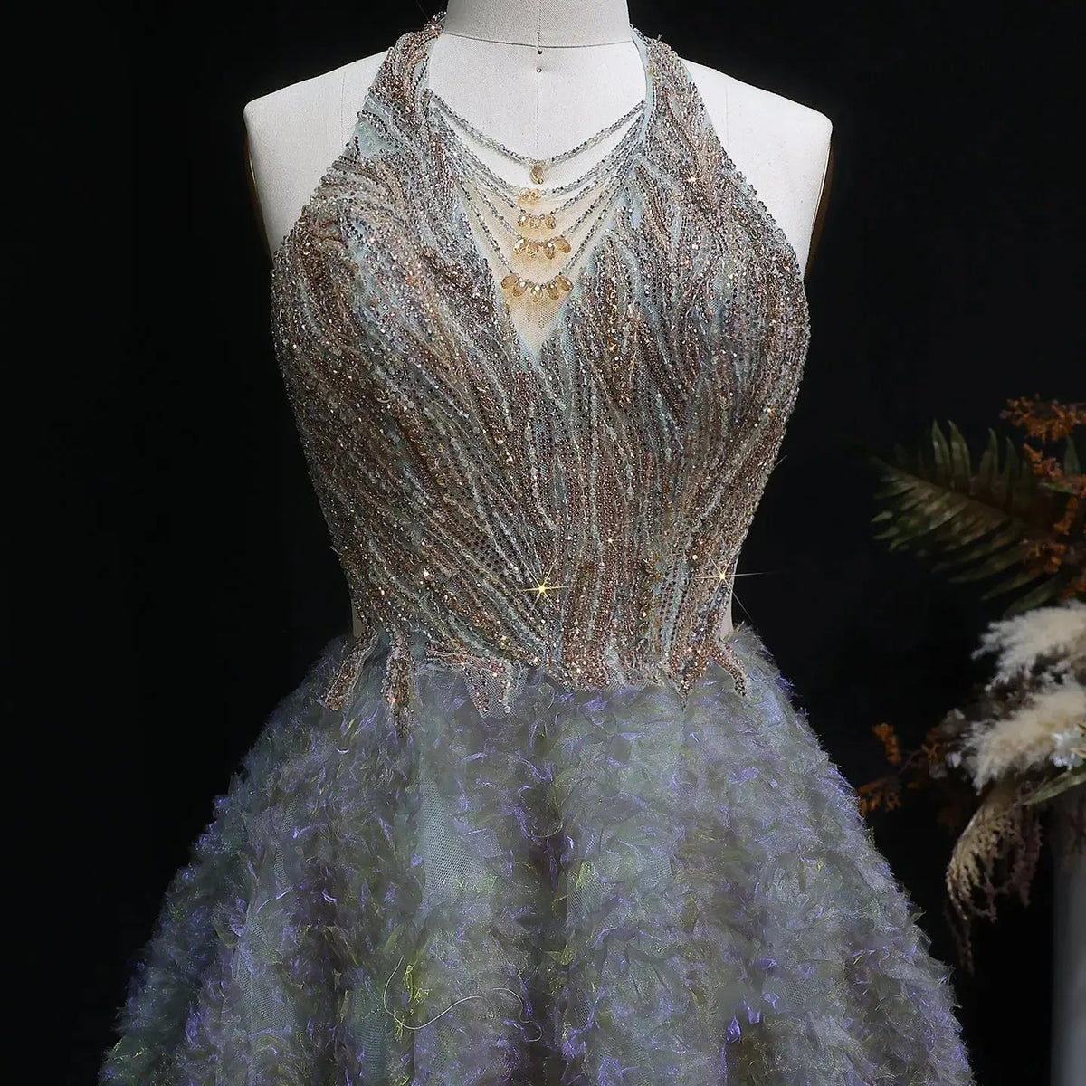 Luxury Gray Green Gradient Beaded Spaghetti Strap Evening Dress SS735