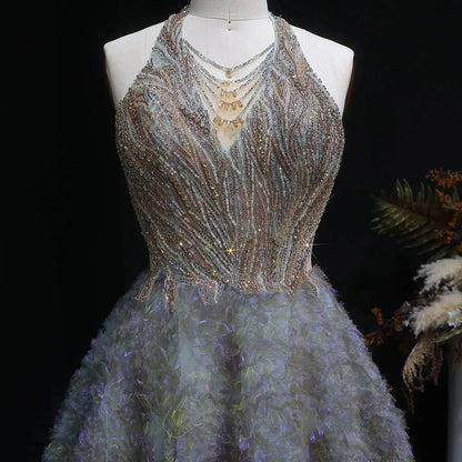 Luxury Gray Green Gradient Beaded Spaghetti Strap Evening Dress SS735