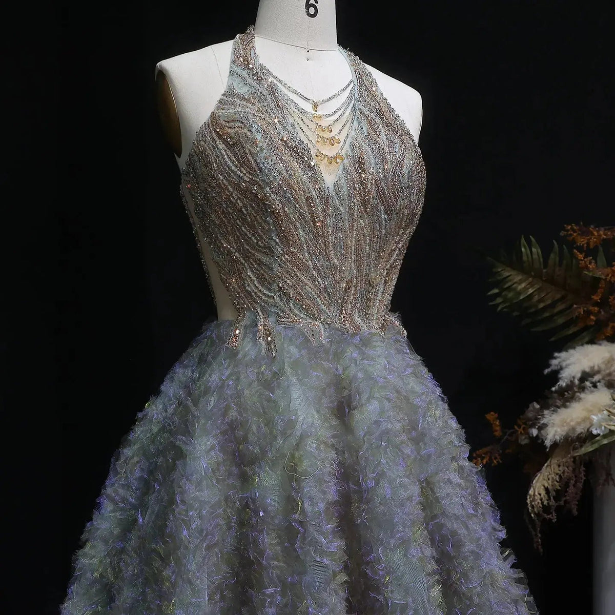 Luxury Gray Green Gradient Beaded Spaghetti Strap Evening Dress SS735
