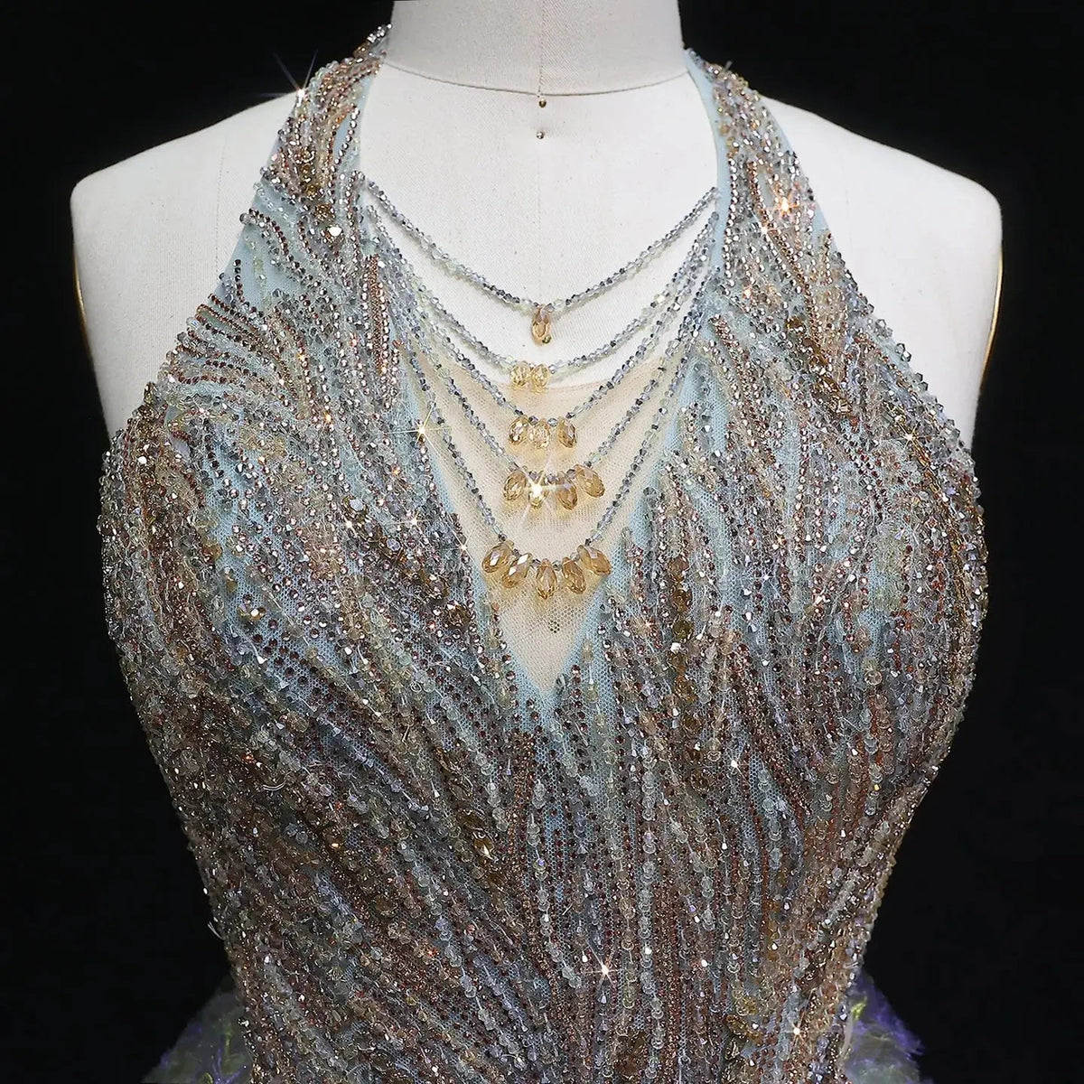 Luxury Gray Green Gradient Beaded Spaghetti Strap Evening Dress SS735