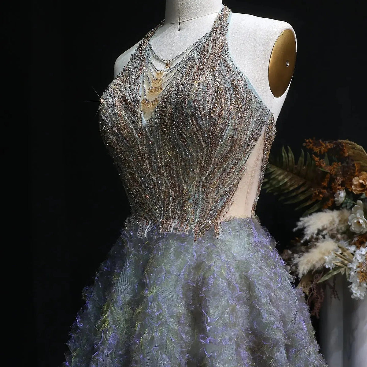 Luxury Gray Green Gradient Beaded Spaghetti Strap Evening Dress SS735