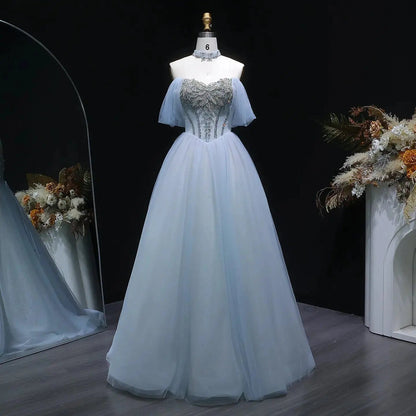 Luxury Blue Beaded Off-the-Shoulder Tulle Evening Dress with Necklace SS736