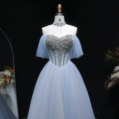Luxury Blue Beaded Off-the-Shoulder Tulle Evening Dress with Necklace SS736