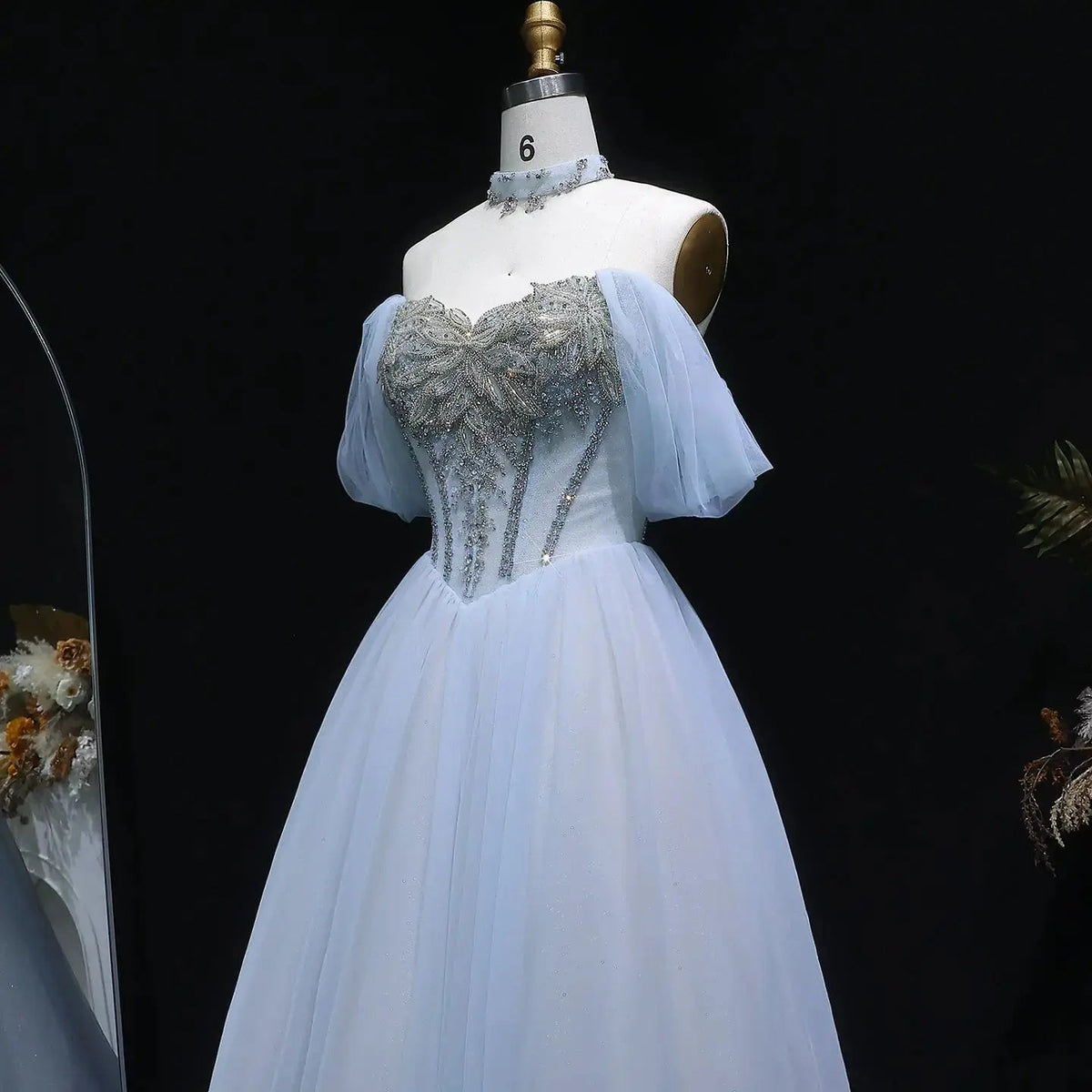 Luxury Blue Beaded Off-the-Shoulder Tulle Evening Dress with Necklace SS736