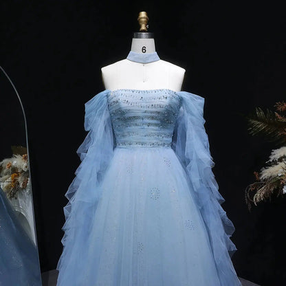 Luxury Blue Flowy Cape Beaded Waist Ball Gown Evening Dress SS737